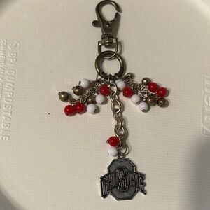 Vintage Ohio State Inspired Red & White Beaded Charm Keychain 4 1/2”